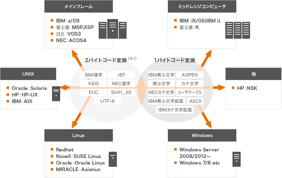 〈2バイトコード変換（※1）：IBM漢字、JEF、KEIS、NEC漢字、EUC、Shift_JIS、UTF-8〉メインフレーム→IBM：z/OS、富士通：MSP,XSP、日立：VOS3、NEC：ACOS4 UNIX→Oracle：Solaris、HP：HP-UX、IBM：AIX Linux→Redhat、Novell：SUSE Linux、Oracle：Oracle Linux、MIRACLE：Asianux 〈1バイトコード変換：IBM英小文字、ASPEN、英小文字、カナ文字、NECカナ文字、ユーザテーブル、IBM英小文字拡張、ASCII、IBMカナ文字拡張〉ミッドレンジコンピュータ→IBM：i5／OS（IBM i）、富士通：K 他→HP：NSK Windows→Windows Server 2008／2012～、Windows 7／8 etc