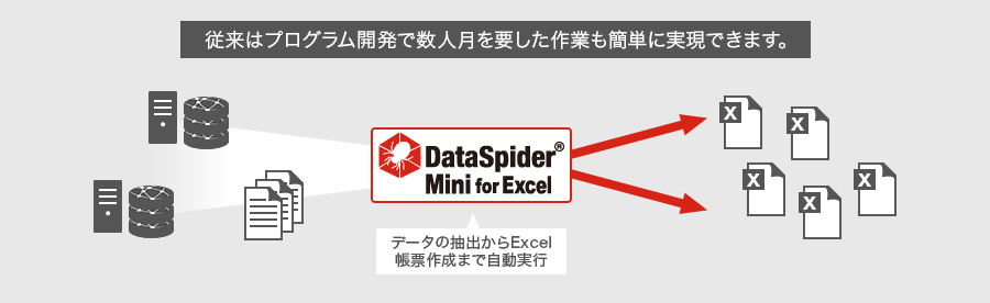 従来はプログラム開発で数人月を要した作業も簡単に実現できます。