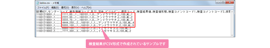 検査結果がCSV形式で作成されているサンプルです