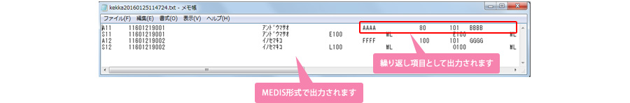 MEDIS形式で出力されます、繰り返し項目として出力されます