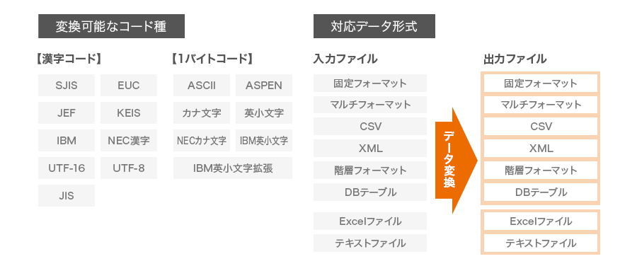 変換可能なコード種〈漢字コード〉SJIS、EUC、JEF、KEIS、IBM、NEC漢字、UTF-16、UTF-8、JIS〈1バイトコード〉ASCII、ASPEN、カナ文字、英小文字、NECカナ文字、IBM英小文字、IBM英小文字拡張　対応データ形式 入力ファイル：固定フォーマット、マルチフォーマット、CSV、XML、階層フォーマット、DBテーブル、Excelファイル、テキストファイル→データ変換→出力ファイル：固定フォーマット、マルチフォーマット、CSV、XML、階層フォーマット、DBテーブル、Excelファイル、テキストファイル