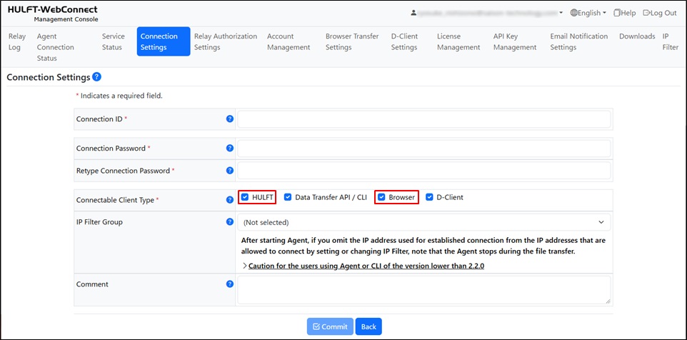 Registration on the Connection Settings screen