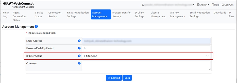 Registration of IP Filter on the Account Management screen