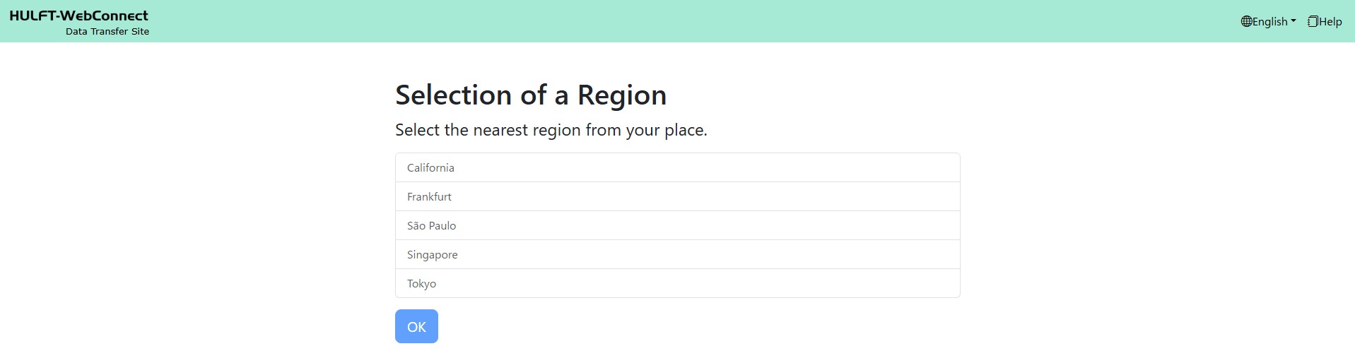 Selection of a Region screen