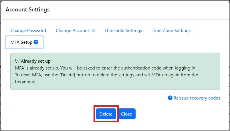 Delete multifactor authentication settings screen