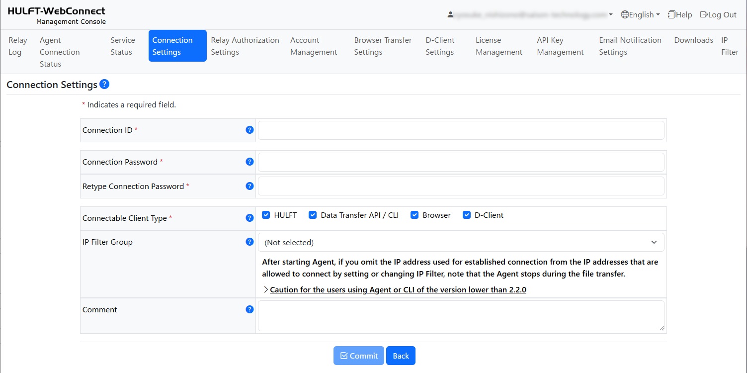 Connection Settings screen