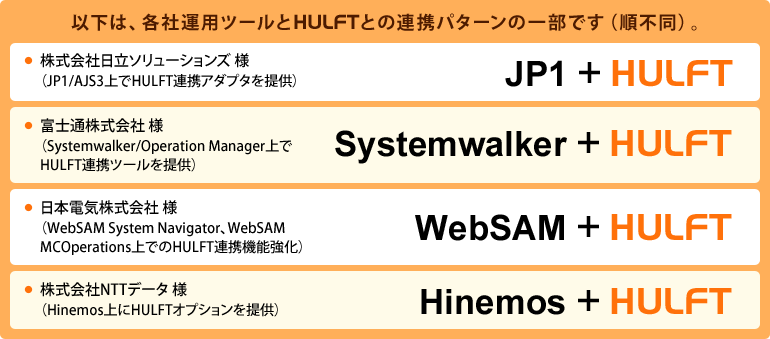 ȉ́AeЉ^pc[HULFTƂ̘Agp^[̈ꕔłisjB
Г\[VYliJP1/AJS3HULFTAgA_v^񋟁j
JP1 { HULFT
xmʊЗliSystemwalker/Operation Manager HULFTAgc[񋟁j
Systemwalker { HULFT
{dCЗliWebSAM System NavigatorAWebSAM MCOperationsłHULFTAg@\j
WebSAM { HULFT
NTTf[^liHinemosHULFTIvV񋟁j
Hinemos { HULFT